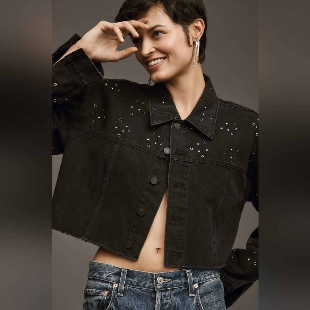 Nwt Anthropologie Hudson Micro Black Glitter Cropped Jacket